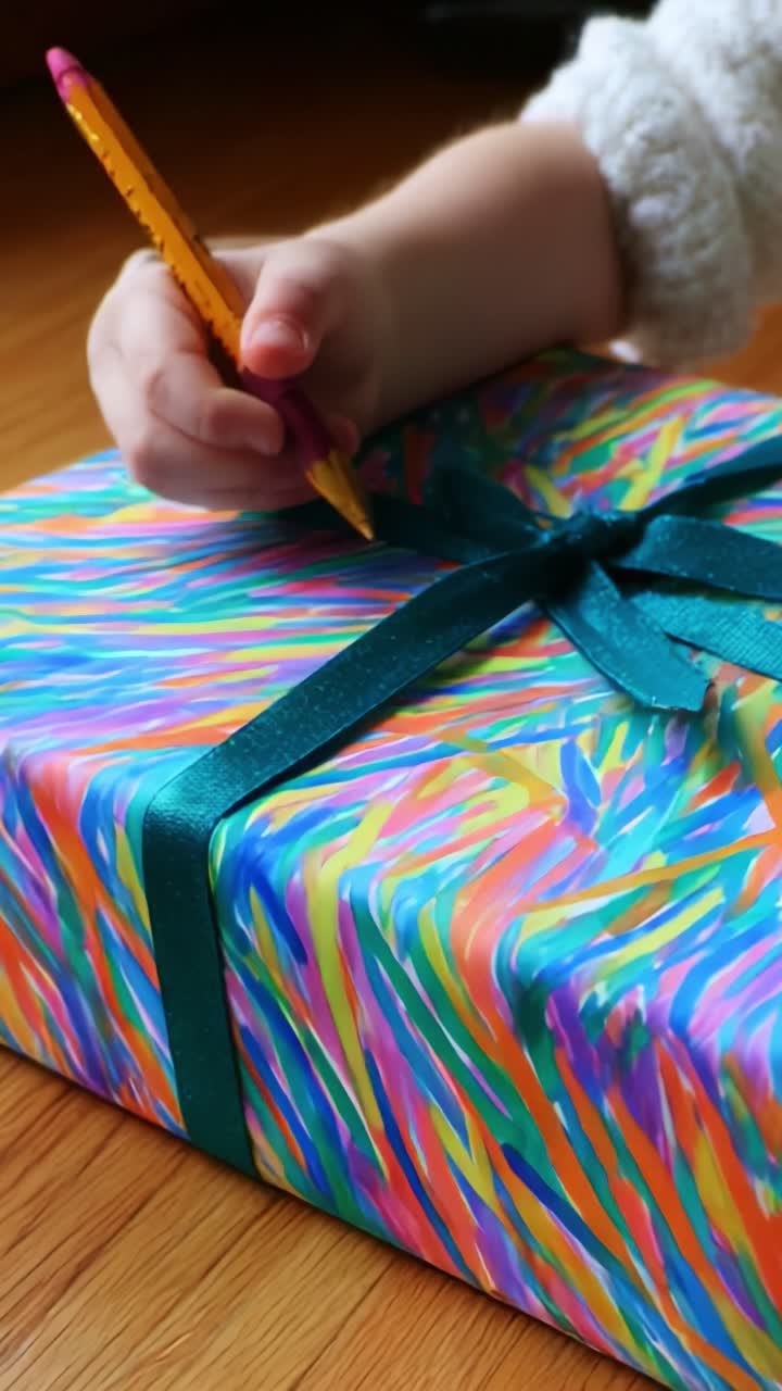 A child's hand gracefully grasping a colorful pencil, preparing to write a personalized message on a beautifully wrapped gift adorned with vibrant patterns and a shiny ribbon, symbolizing anticipation and joy