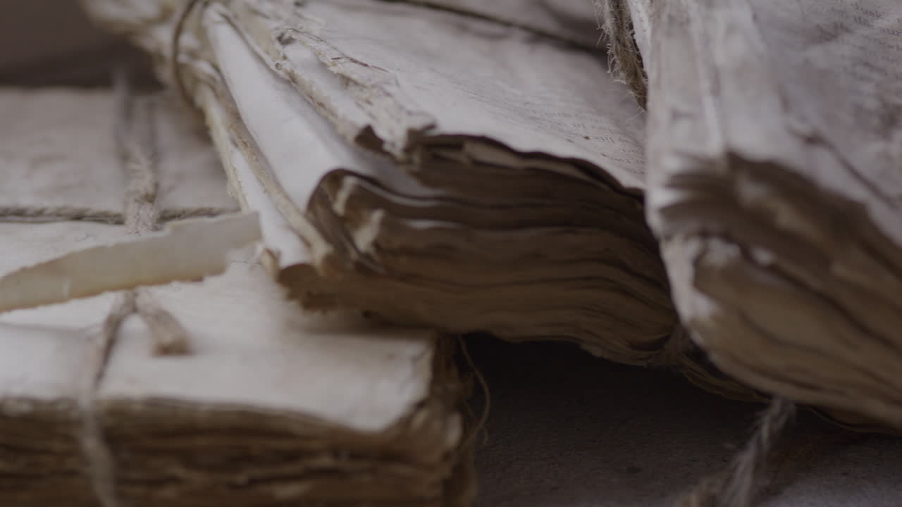 Antico studioso che studia testi religiosi su pergamene e documenti logori - storia e fede.