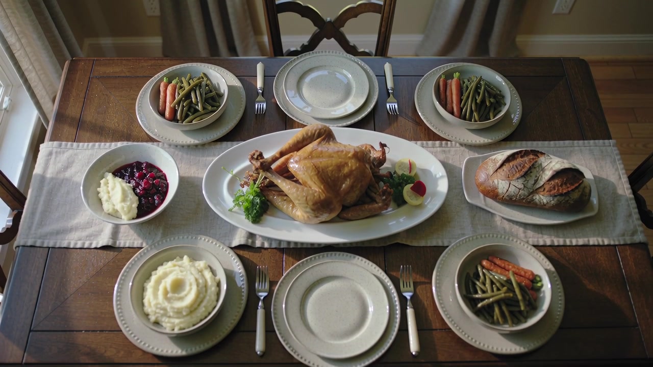 Pulling back camera revealing roasted turkey on oval platter at dining table, showing complete meal