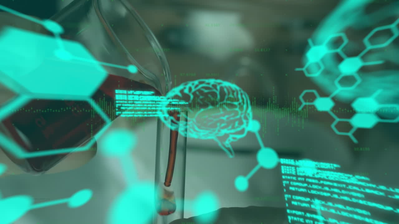 Animation of data processing and chemical formula over scientist in lab