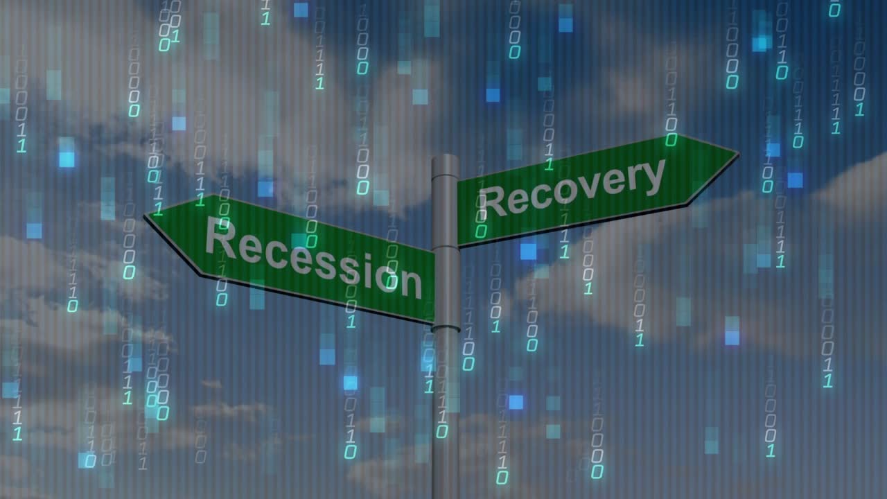 Binary digits appearing and cascading over signpost with green arrows labeled recession or recovery