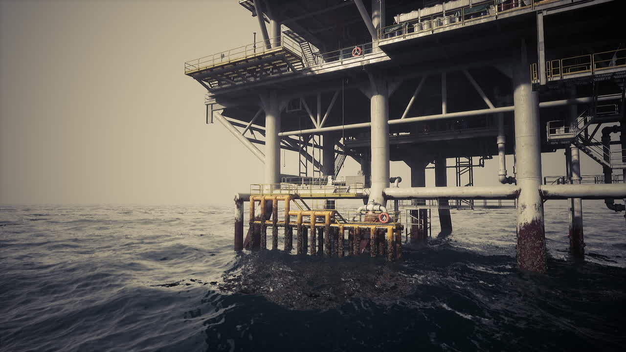 Olieboreplatform står højt i havet en stille eftermiddag