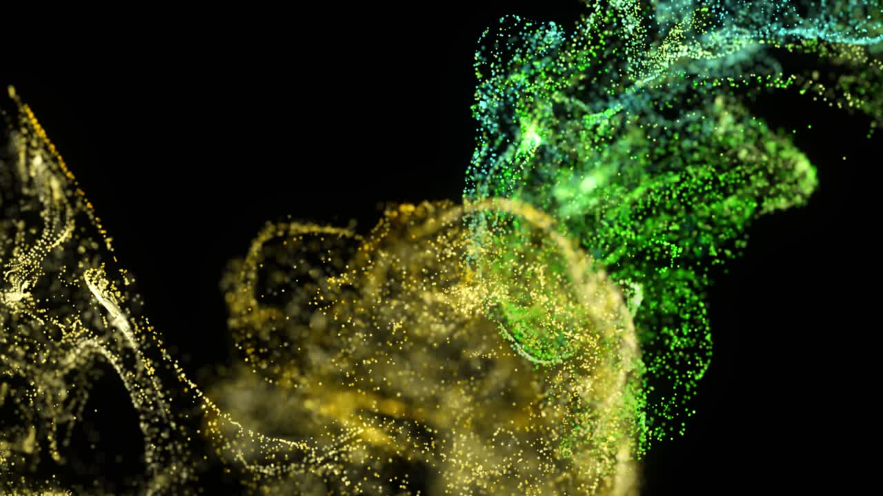 анимация зеленых и желтых облаков частиц, движущихся на черном фоне