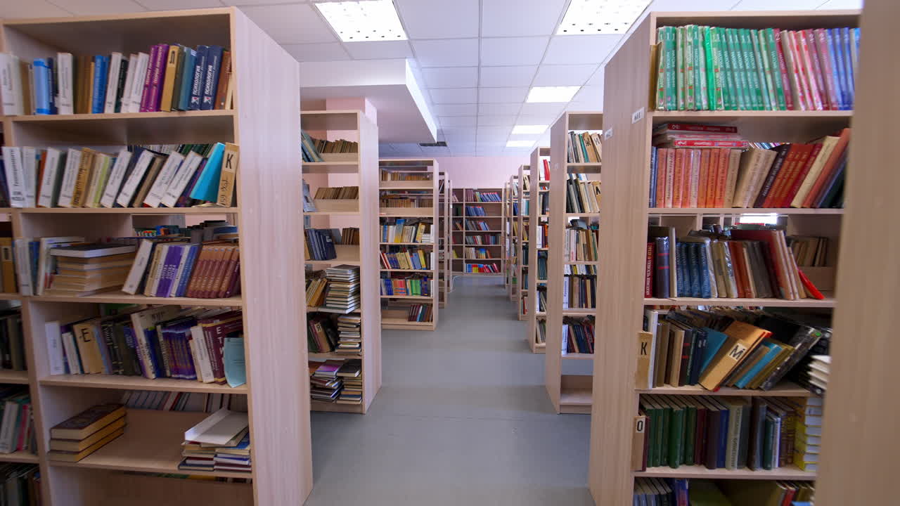 Bookshelf in public library. Functional library interior with wooden shelves