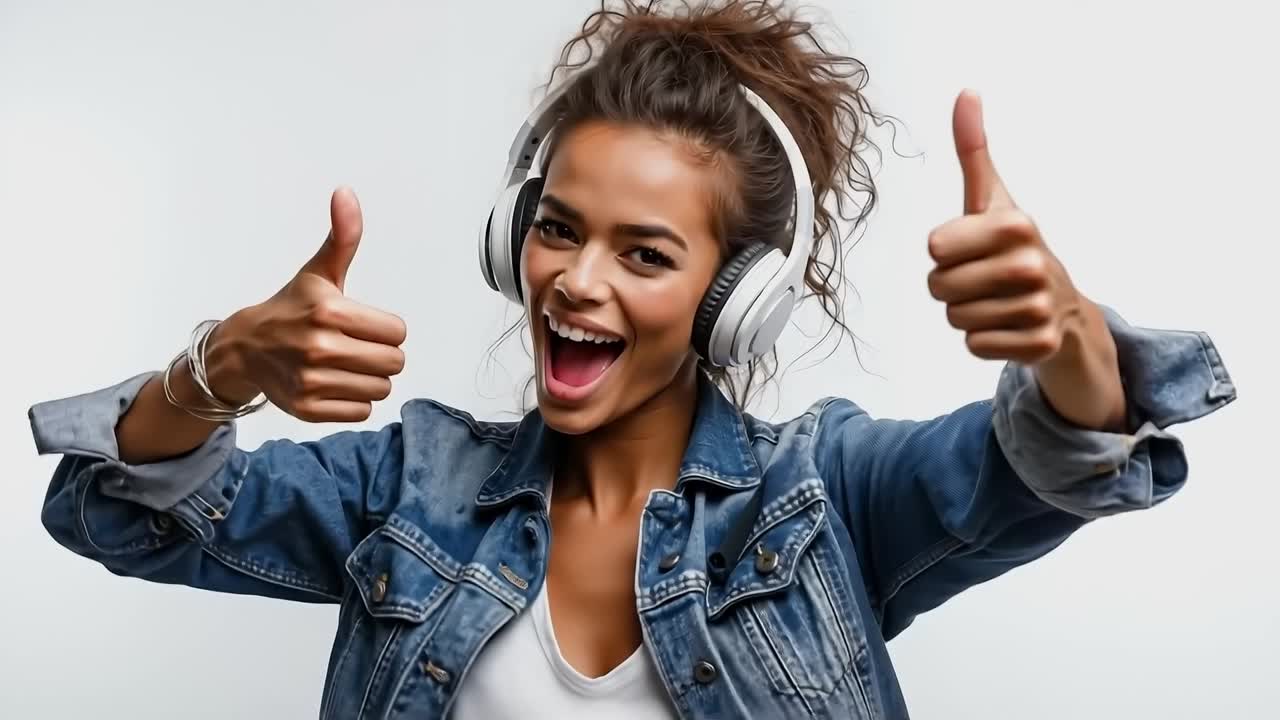 A woman wearing headphones giving two thumbs up