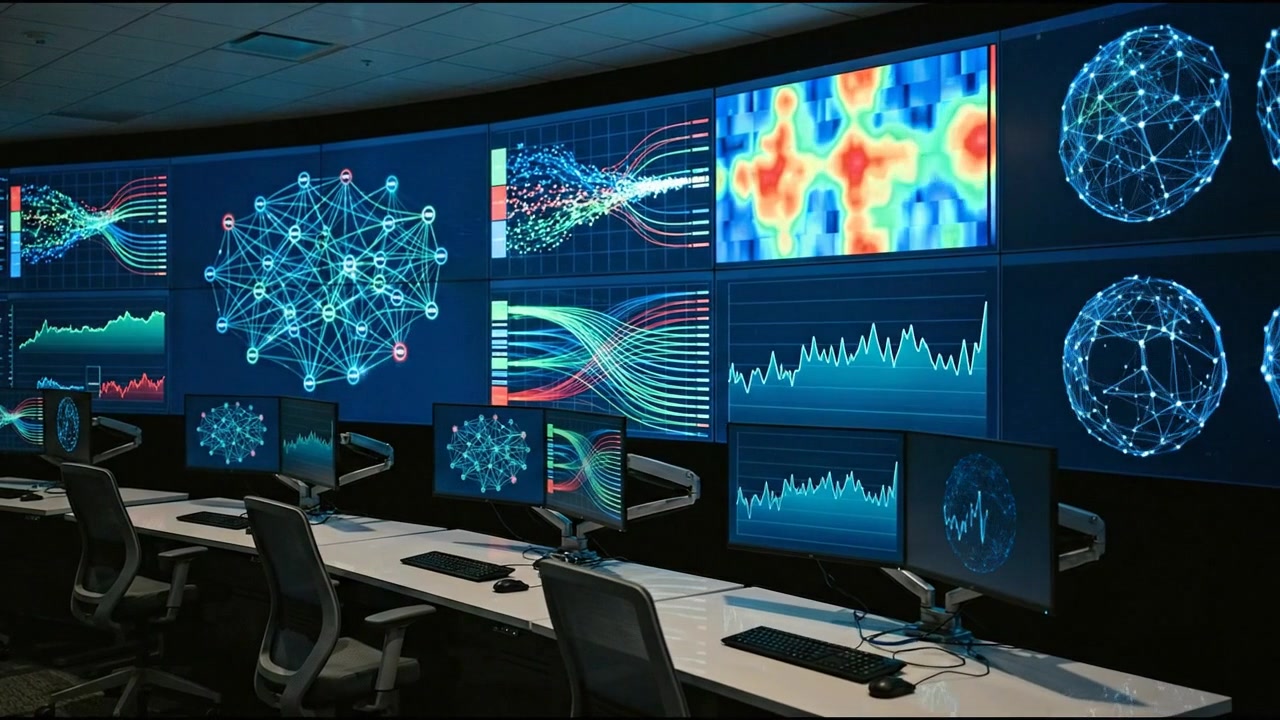Immersive large digital control wall showing scientific charts and maps