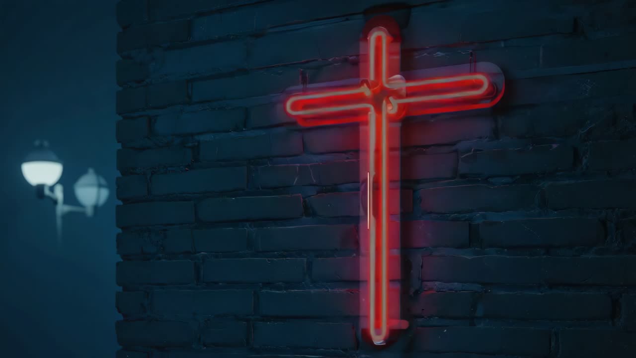 Vintage red neon religious symbol flickering against dark brick wall, positioned near ambient lamp, creating atmospheric urban nighttime scene with symbolic lighting effect
