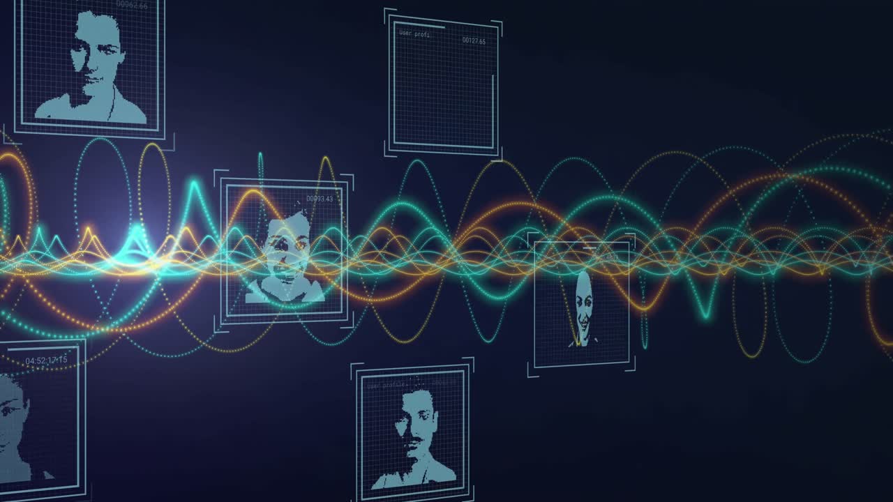 Animation of user photos, waves and lights on navy background