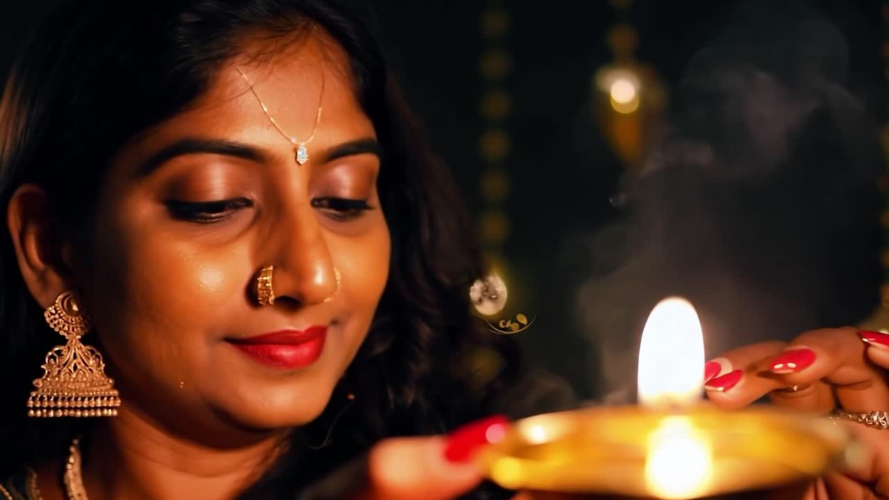 mujer celebrando diwali encendiendo una vela