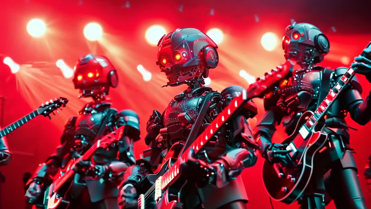 Un gruppo di robot che suonano chitarre su un palco