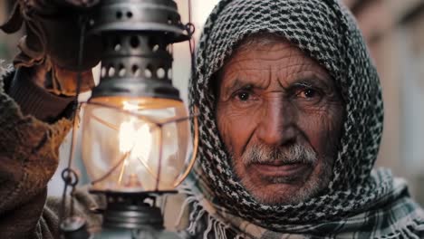 an elderly man holds a vintage lantern, radiating a warm glow as he gazes thoughtfully, embodying a sense of nostalgia and the timeless spirit of resilience in his surroundings.