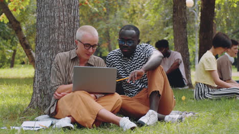 portrait of multiethnic student and teacher with laptop in park