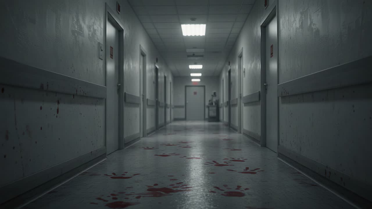 A Haunting Descent Through an Abandoned Hospital Corridor Marked by Mysterious Bloodstains and Eerie Silence, Evoking a Sense of Fear and Foreboding