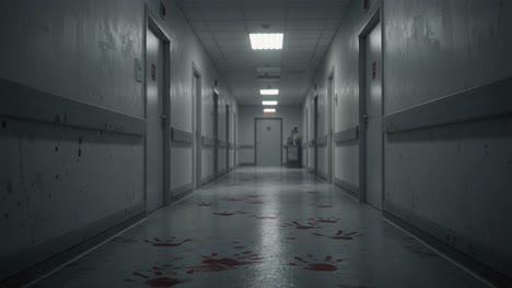 a haunting descent through an abandoned hospital corridor marked by mysterious bloodstains and eerie silence, evoking a sense of fear and foreboding