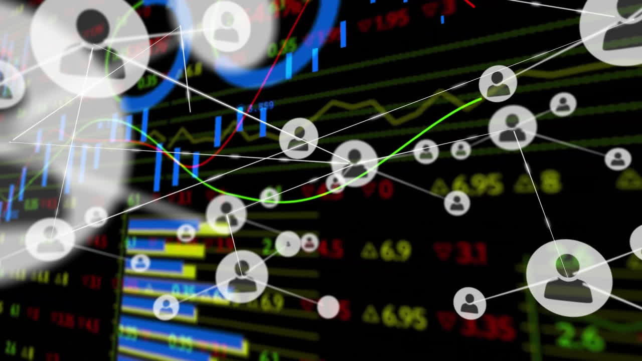 animación del procesamiento de datos financieros a través de una red de conexiones