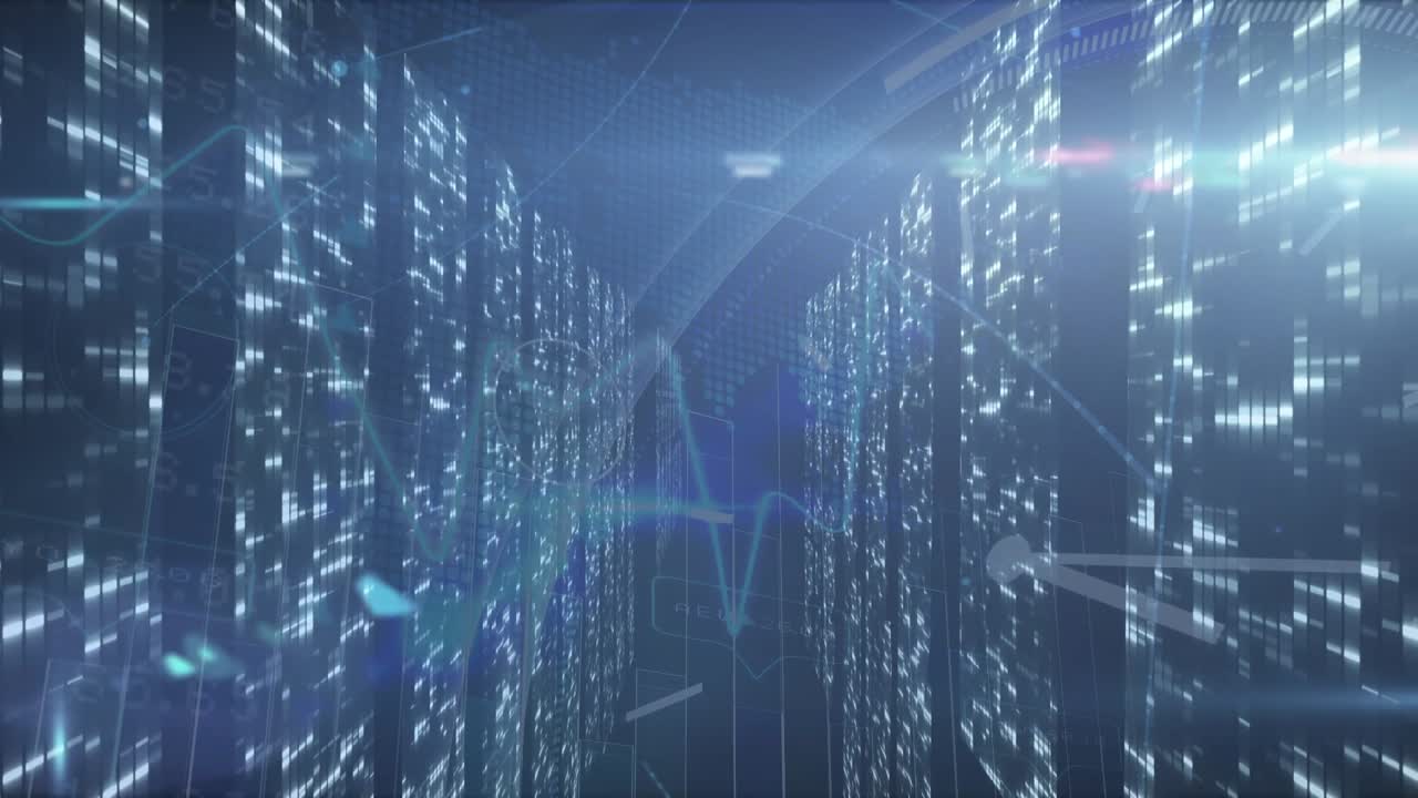 Animation of network of connections with icons over data processing on blue background