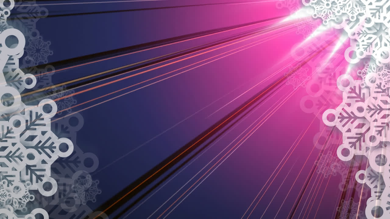 animación digital del patrón de copos de nieve sobre senderos de luz rosada contra un fondo azul