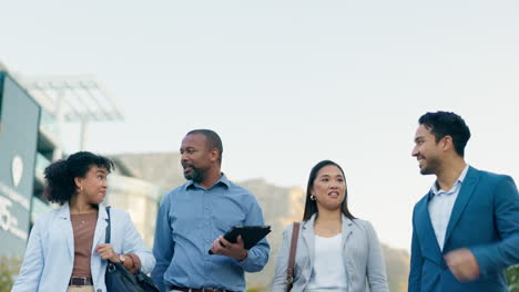 walking, talking and business people in city