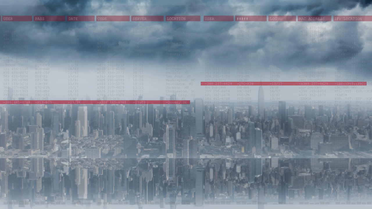 도시 풍경 위의 데이터 처리 애니메이션