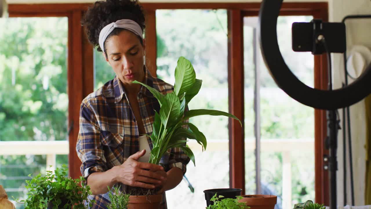 Mixed race female vlogger transplanting plants in pot and recording on smartphone at home