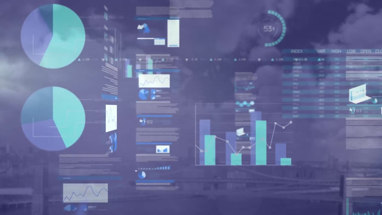 Animation of graphs and data over cityscape