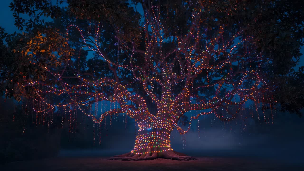 Camera recording tree wrapped in colorful lights in forest clearing at night, showcasing decoration