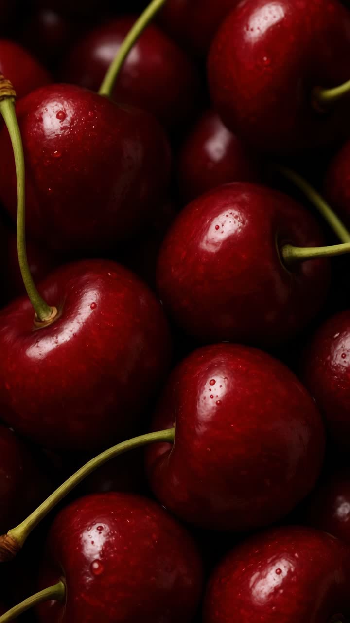 Konsep video close-up ceri segar, diambil dari atas. Warna merah cerah dan tekstur mengkilap