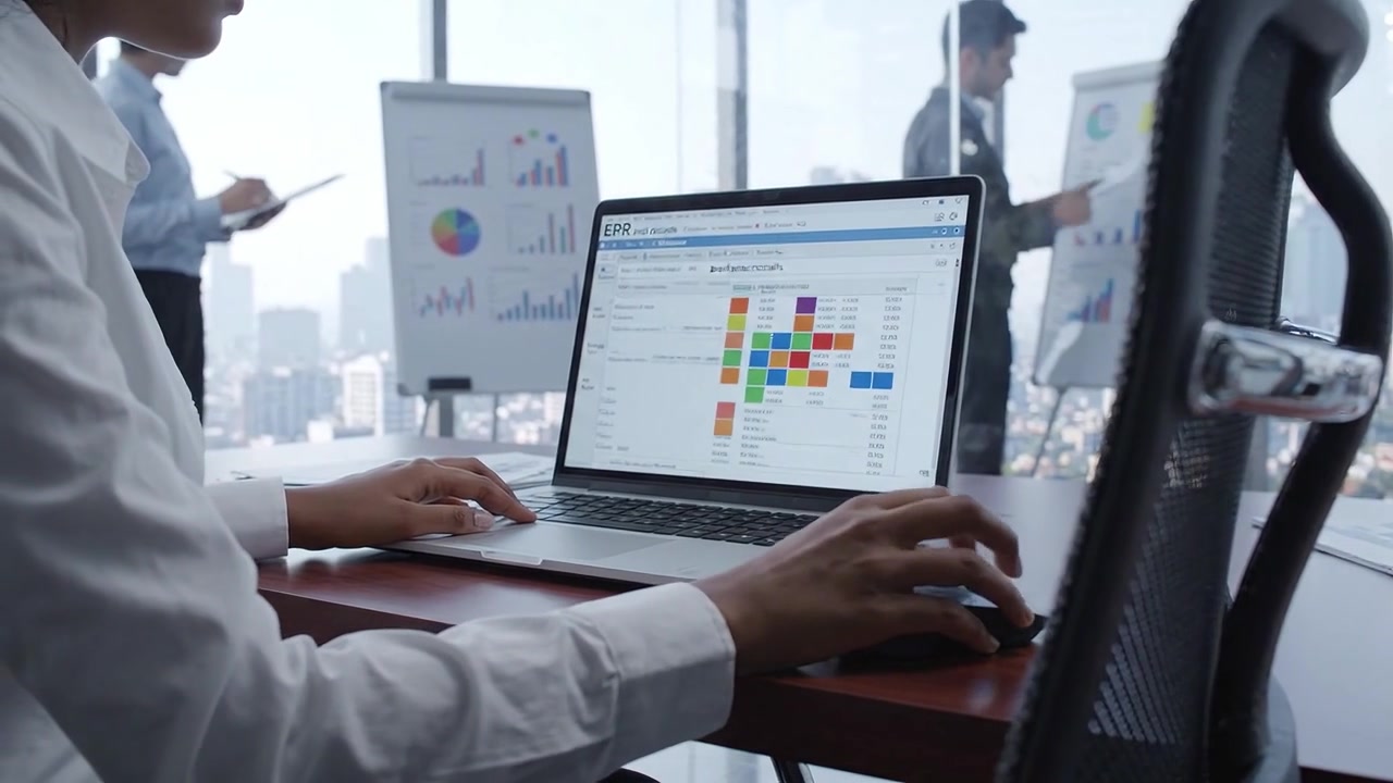 A Professional Office Scene Featuring Data Analysis and Financial Insights on a Laptop in a Modern Workspace with City Views and Team Collaboration in Action