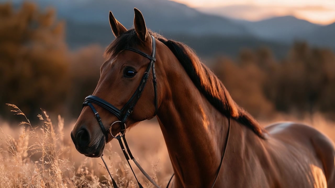 Un maestoso cavallo marrone si erge con grazia contro un tramonto mozzafiato, catturando la bellezza dell'eleganza equina in un ambiente naturale sereno.