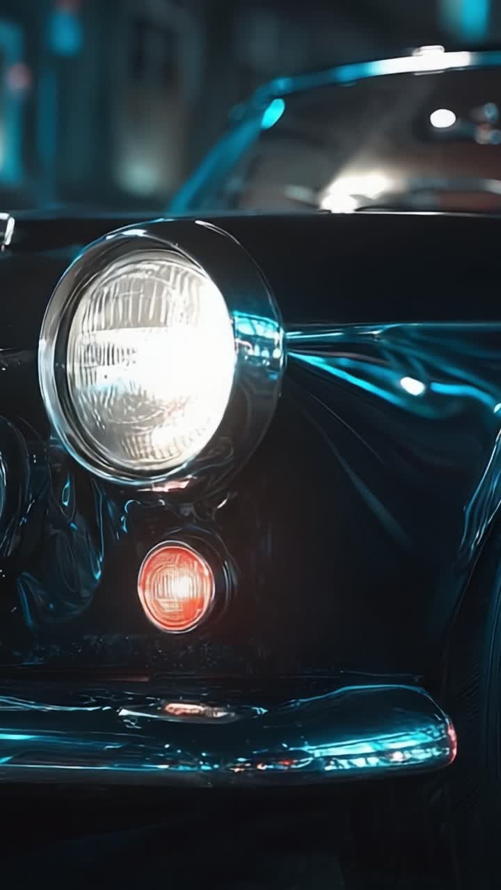 Close-up of a Classic Car Headlight Highlighting its Glossy Finish and Distinct Design Featured in Dramatic Lighting