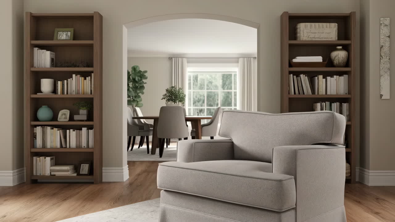 Cozy Living Room with Armchair and Bookshelves Leading to Dining Area