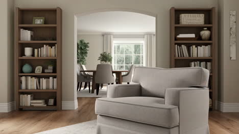 cozy living room with armchair and bookshelves leading to dining area