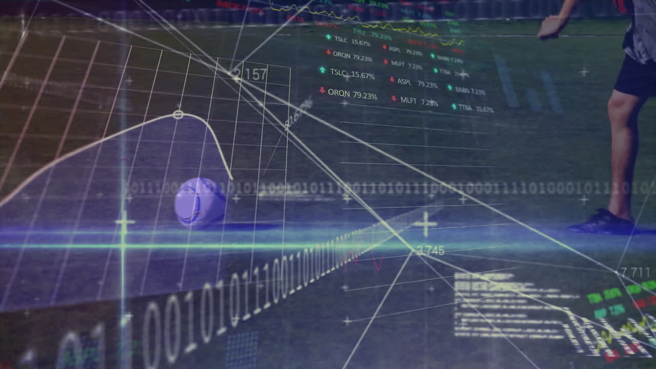 Animation of digital data and graphs overlaying soccer player in motion