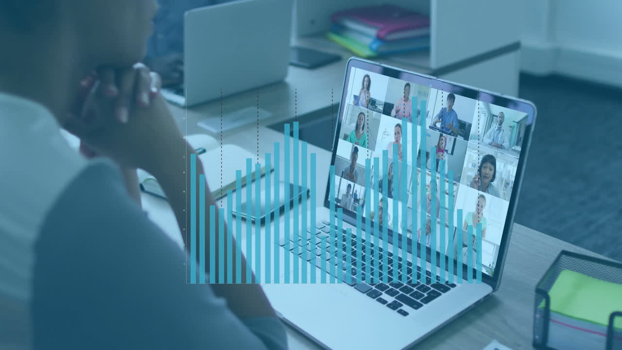 Mature female viewer clasping hands at desk, monitoring remote health meeting with bar-chart