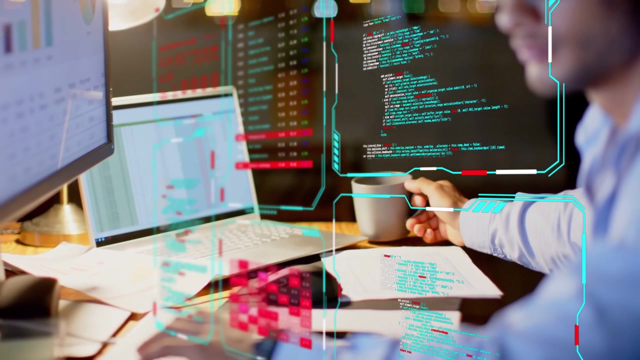 Developer typing on keyboard and clicking mouse, activating HUD code panels while analyzing charts