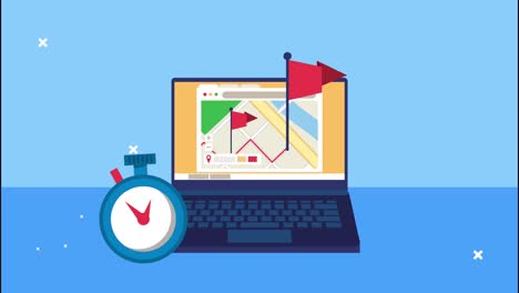 servicio logístico de entrega con mapas y cronómetro en portátil