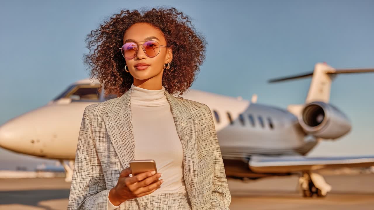 Confident Woman in Stylish Suit Holding Smartphone with Private Jet in Background, Capturing the Essence of Luxury Travel and Modern Elegance