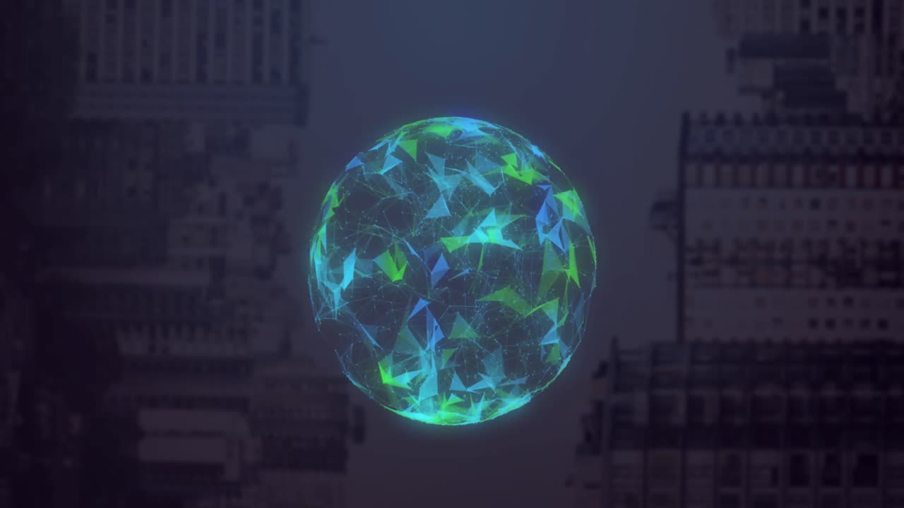 animación de un globo hecho de formas que giran sobre el hardware de la computadora