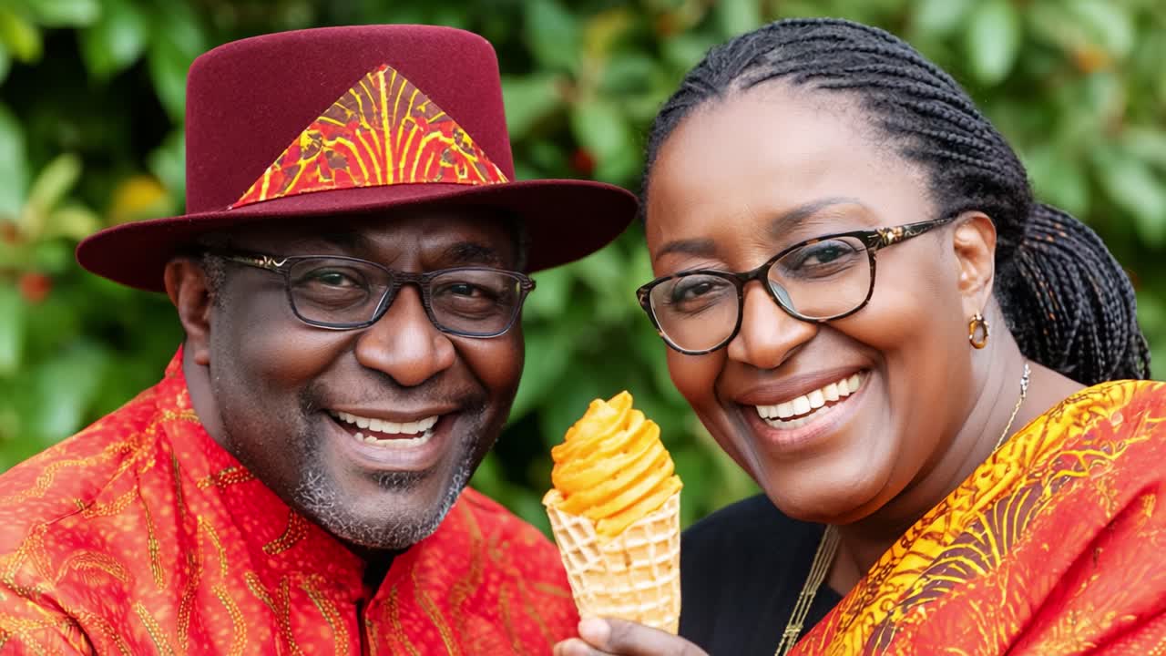 A Joyful Celebration of Togetherness: A Couple Sharing a Delightful Moments with Ice Cream in Their Hands, Smiling Radiantly Against a Lush Green Background