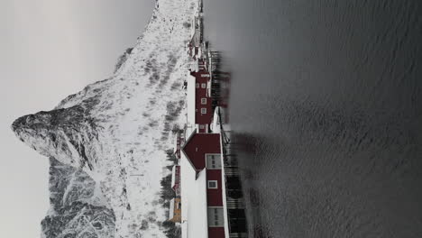 vertical view of red cabin with snowy mountain peak in reine village in lofoten, norway