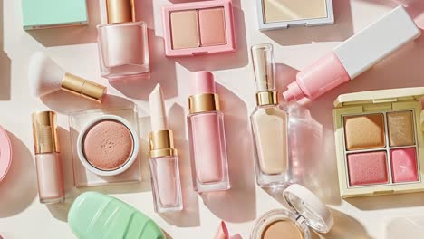 pink and pastel makeup products flat lay