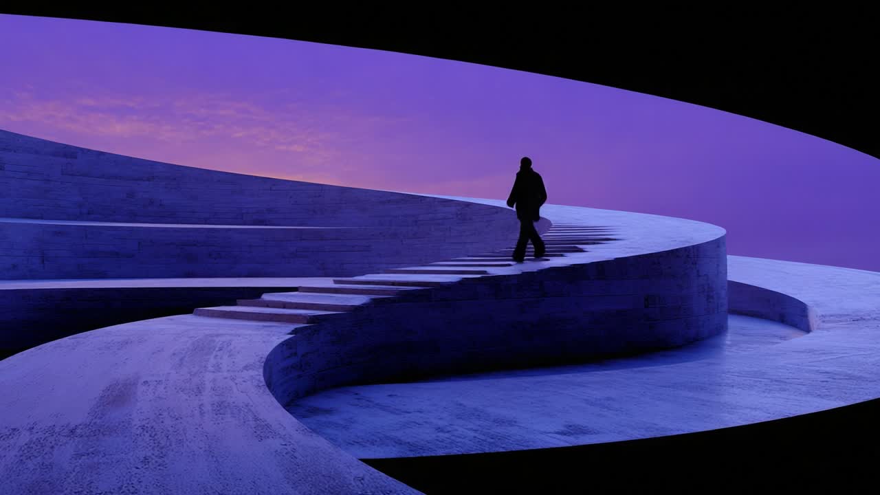 A solitary figure ascends a beautifully designed spiral staircase, enveloped in a dreamy twilight atmosphere painted with shades of purple, representing introspection and journey