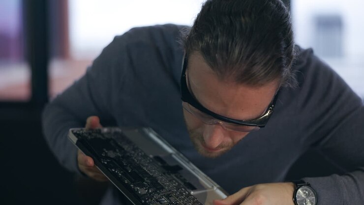Repair, motherboard and technician working