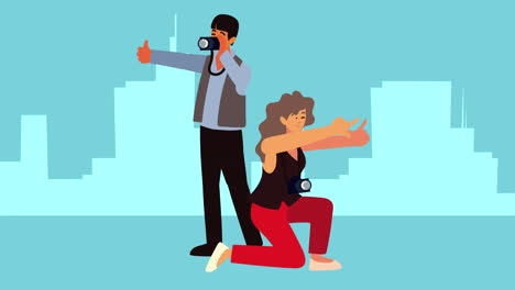 fotógrafos pareja en la animación de la ciudad