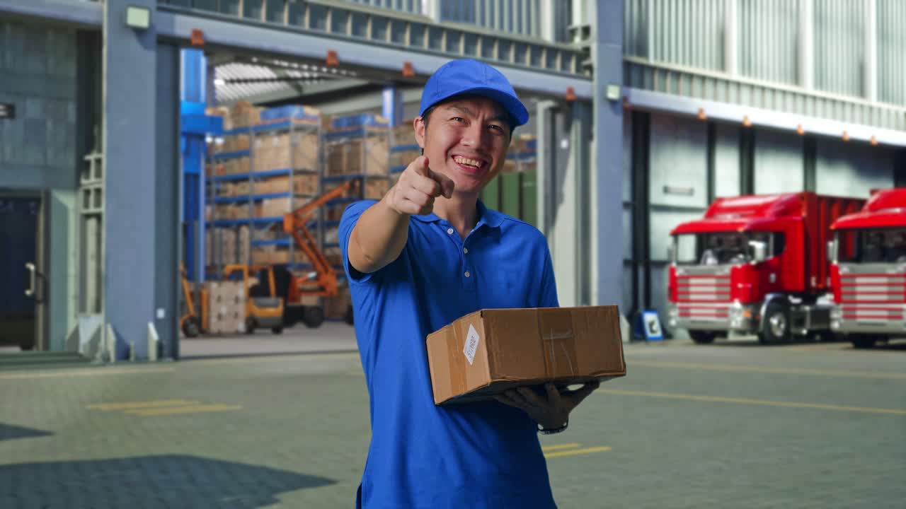 Asian male Courier In Blue Uniform Smiling And Making Honest Gesture While Delivering A Carton, Outside of Logistics Distributions Warehouse