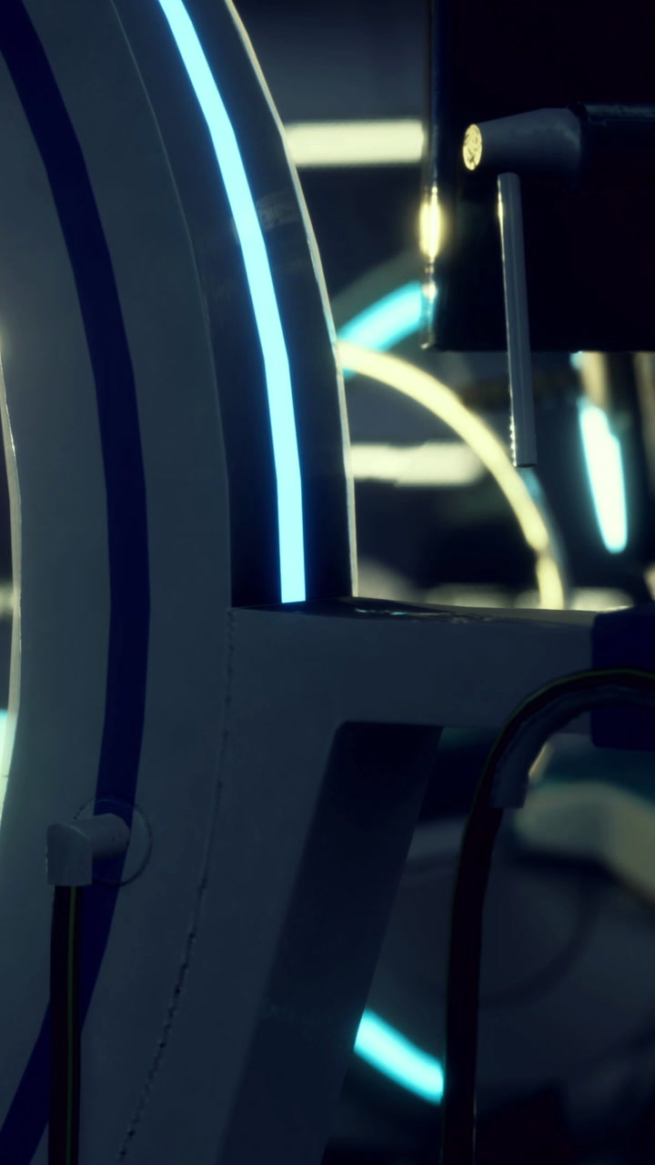Bright lines intertwine with technology in a sleek futuristic setting