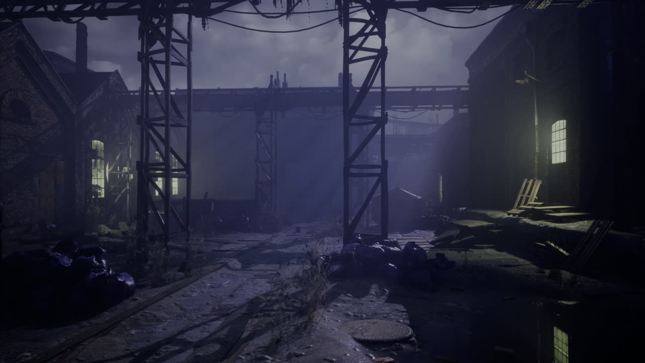 Shadows dance in an abandoned industrial alley under a moonlit sky