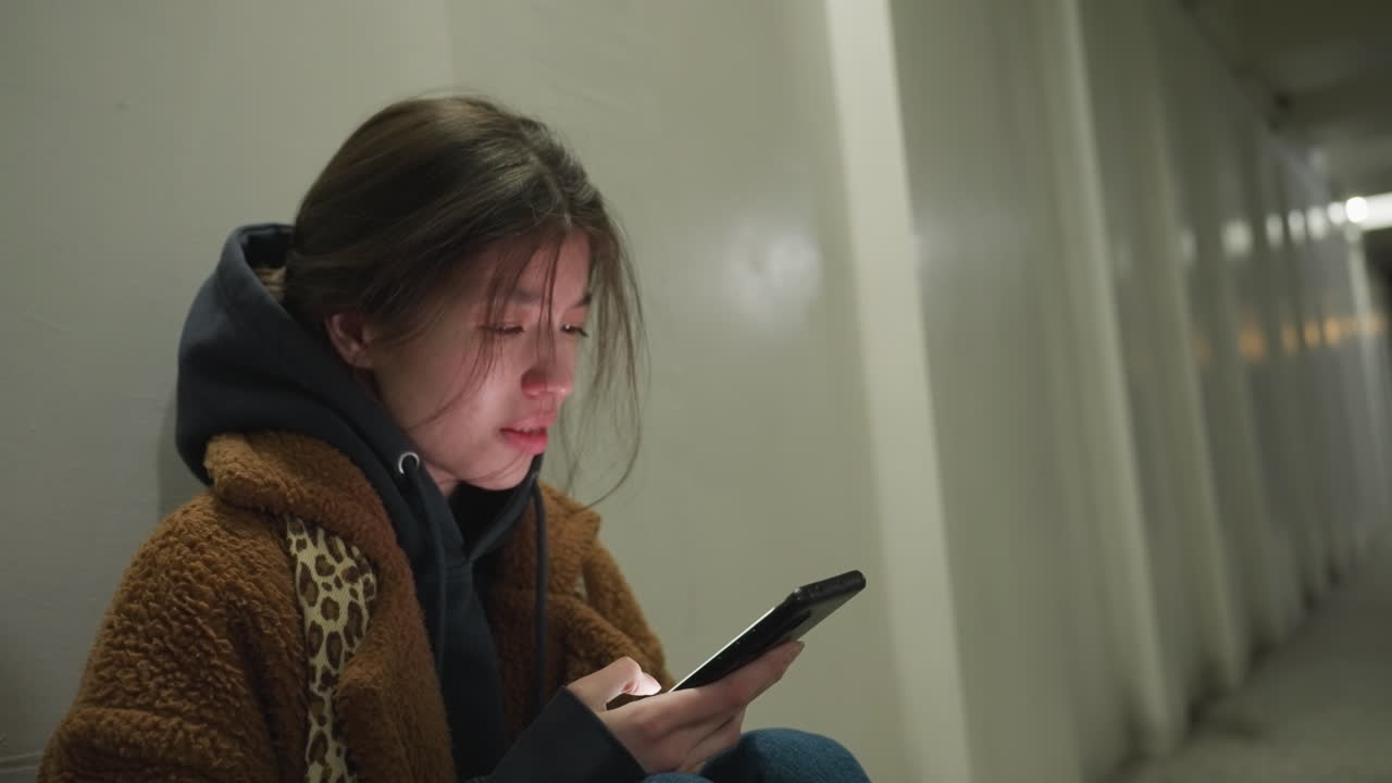 A close-up shot of a girl in a brown coat, sitting bent over in an underpass tunnel, scrolling through her phone with a heavy-hearted expression. moment of sorrow and reflection