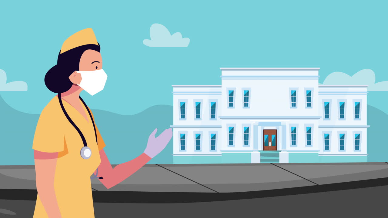 병원 애니메이션에서 의료 마스크를 착용하는 전문 여성 의사