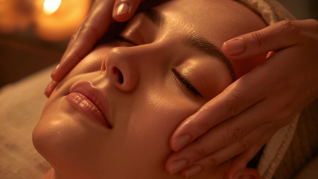 Wiegende handen van een therapeut die een hydraterende gezichtsmassage starten op een spa-bed, met hoofdband en olie.